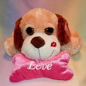 BIG EYED PLUSH PUPPY DOG WITH PINK BONE * BROWN AND WHITE *16 IN * SO CUTE * NEW